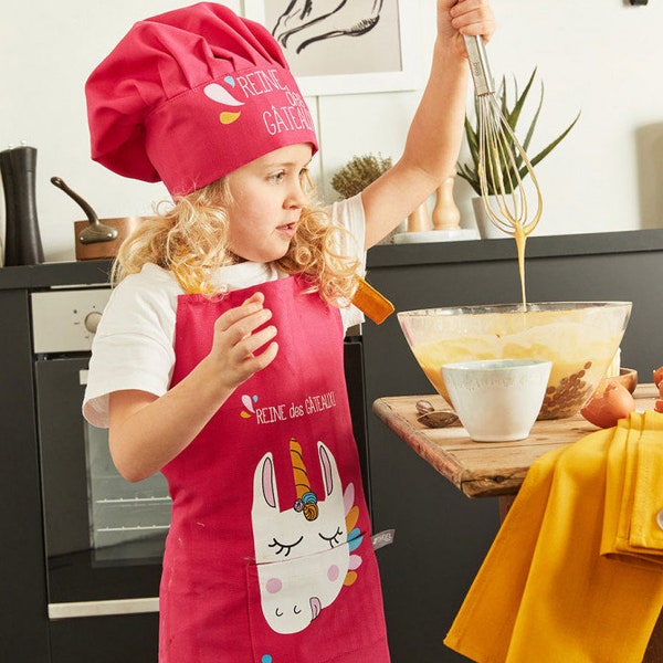 Lot Tablier + Toque de Cuisine en Coton Armuré pour Enfant Motif Licorne Coloris Framboise Cadeau Pour Petites Filles