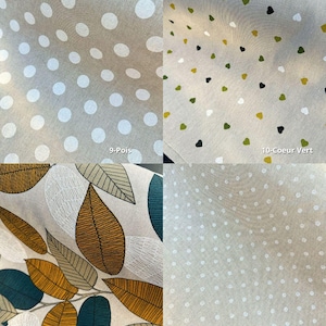 Peut inclure: Un &eacute;chantillon de tissu avec quatre motifs diff&eacute;rents. En haut &agrave; gauche, de gros pois blancs sur fond beige, intitul&eacute; "9-Pois". En haut &agrave; droite, de petits c&oelig;urs verts, jaunes et noirs, intitul&eacute; "10-Coeur Vert". En bas &agrave; gauche, des motifs de feuilles, intitul&eacute; "11-Feuille Bleu Jaune". En bas &agrave; droite, de petits pois blancs, intitul&eacute; "12-Petit Pois".