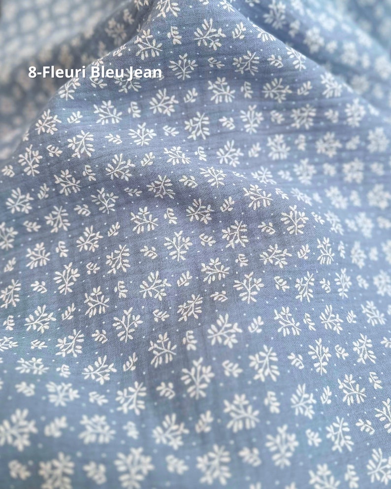 Tissus Double Gazes de Coton Imprimés Fleuris 6 Motifs 100% Coton Oeko-Tex 8-Fleuri Bleu Jean