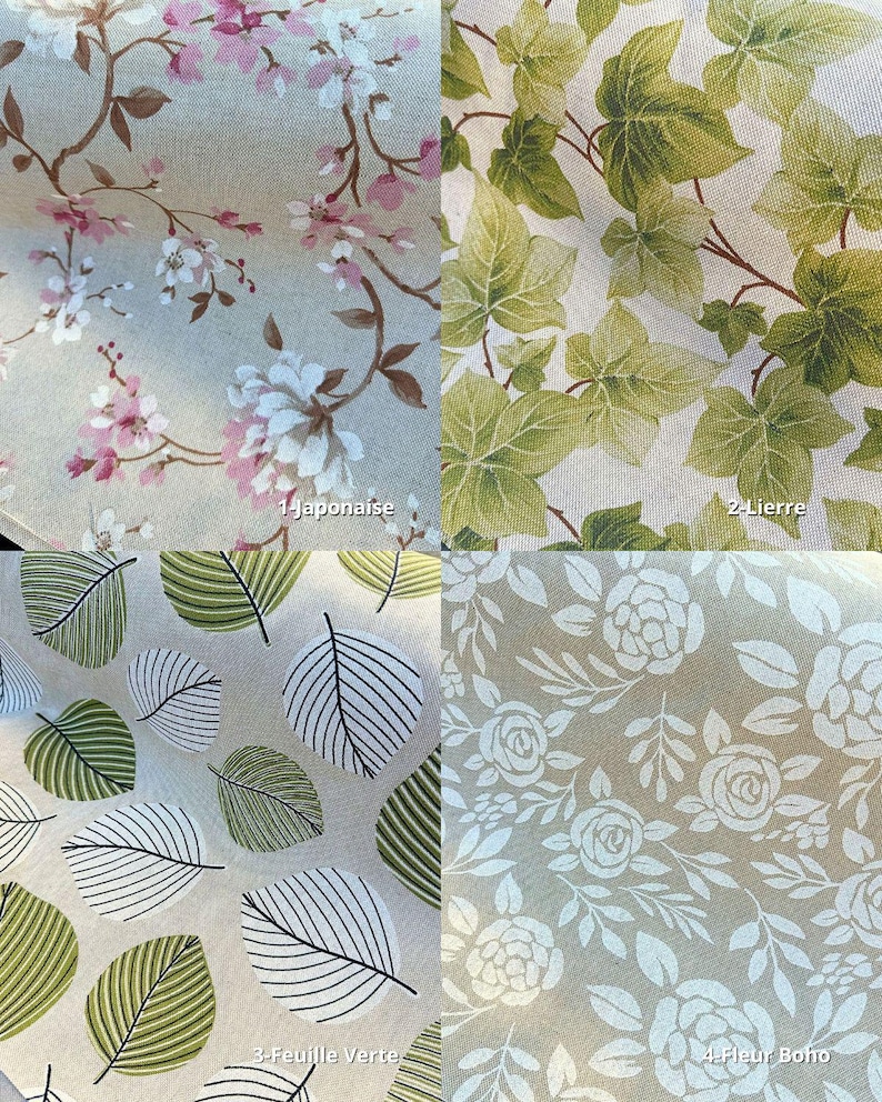 Peut inclure: Un &eacute;chantillon de tissu avec quatre motifs diff&eacute;rents. En haut &agrave; gauche, des fleurs de cerisier roses et blanches. En haut &agrave; droite, des feuilles de lierre vertes. En bas &agrave; gauche, des feuilles ray&eacute;es vertes et noires. En bas &agrave; droite, des roses blanches.