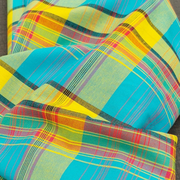 Tissu Madras Guadeloupe Martinique Antillais Bleu Jaune