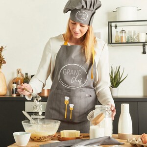 Set of Apron and Kitchen Hat in Gray Weaved Cotton with Belt Straps and Front Pocket Mixed for Birthday Gift