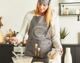 Lot Tablier et Toque de Cuisine en Coton Armuré Gris avec Bretelles Ceintures et Poche avant Mixte pour Cadeau d'anniversaire