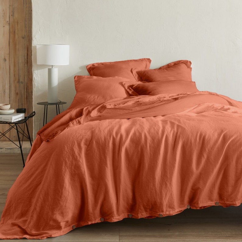 Bed Linen in Hemp and Organic Cotton Terracotta color with Wooden Buttons image 2