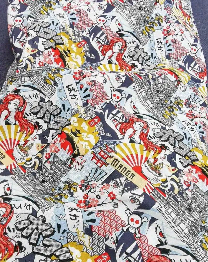 Tissu Coton Manga Imprimé Japonais Oeko-Tex Rouge Jaune Bleu Fond Blanc image 1