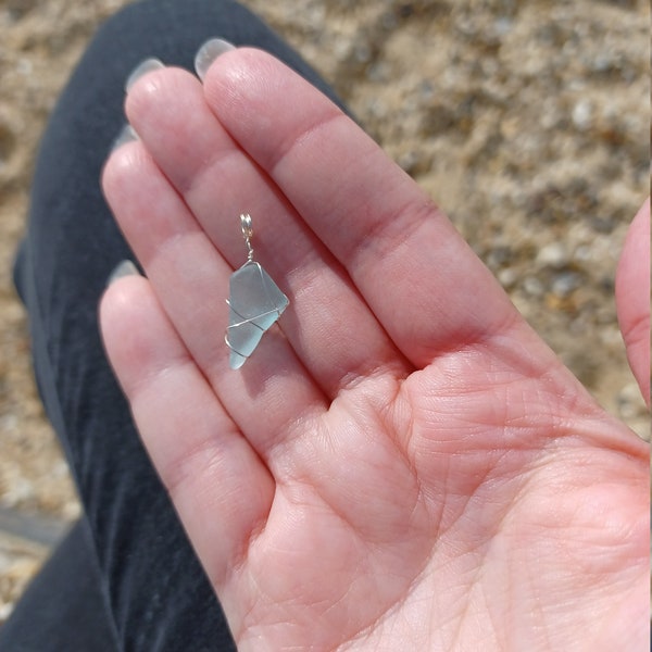 arrow shaped sea foam blue sea glass pendent silver wire wrapped