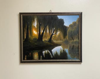 Weeping willow tree at sunset framed 16”x20” original oil painting