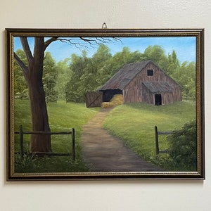 【一部予約販売】 農場の絵画カントリーハウスオリジナル、納屋の風景アート、田舎 絵画