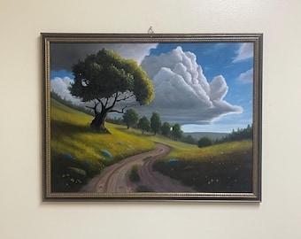 Winding road with realistic clouds and tree framed 18”x24” original oil painting