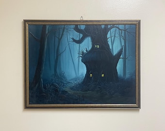 Dark fantasy forest mushroom house framed  18”x24” original handmade landscape oil painting wall art