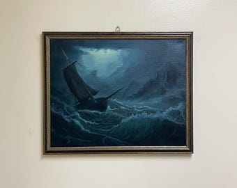 Ship on a stormy sea framed 16”x20” oil painting