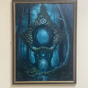 Dark fantasy portal and orb framed 18”x24” landscape oil painting