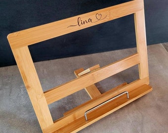 Buchständer Holz personalisiert, Einschulungsgeschenk, Bambus Holz Buchständer, Tablethalter, Buchhalter, Kochbuchstütze