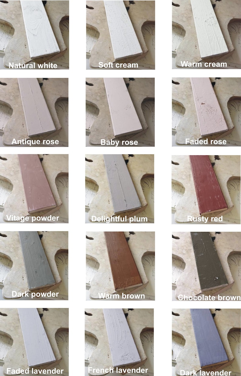 K&ouml;nnte beinhalten: Eine Sammlung von 15 Holzproben, die in verschiedenen Farben gestrichen sind, darunter Naturwei&szlig;, Softcreme, Warme Creme, Altrosa, Babyrosa, Verbl&uuml;htes Rosa, Vintage-Puder, Herrliche Pflaume, Rostrot, Dunkles Puder, Warmes Braun, Schokoladenbraun, Verbl&uuml;hte Lavendel, Franz&ouml;sischer Lavendel und Dunkler Lavendel.
