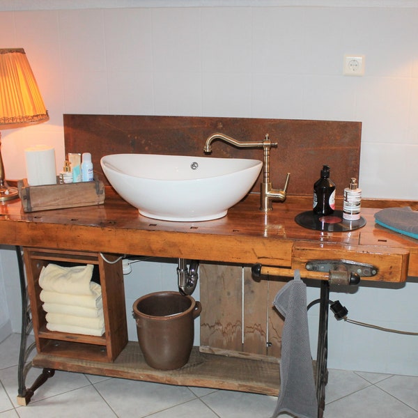 Washbasin planing bench workbench unique bathroom furniture bathroom furniture toilet upcycling wood table sink faucet industrial design