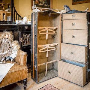 Antique old travel suitcase, steamer suitcase, cupboard suitcase, decorative loft vintage wardrobe