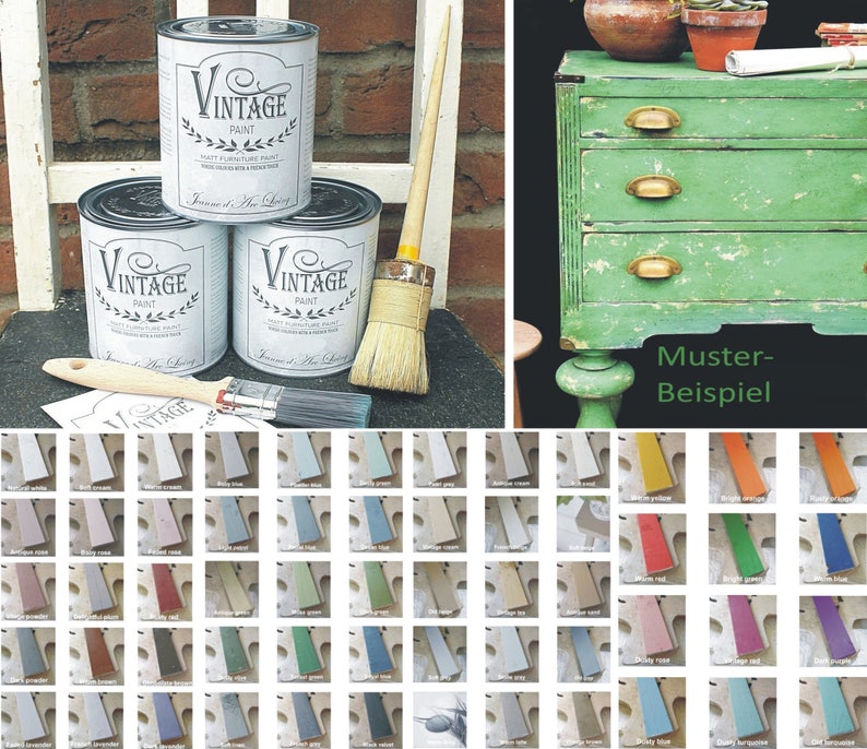 K&ouml;nnte beinhalten: Drei Dosen Vintage-Farbe in Wei&szlig; mit schwarzer Beschriftung. Die Dosen sind mit "Vintage Paint" und "Annie Sloan" beschriftet. Im Hintergrund sind ein Holzstuhl und ein Pinsel zu sehen. Unter den Dosen befindet sich eine Farbkarte mit 48 verschiedenen Farben. Die Karte ist mit "Muster-Beispiel" beschriftet.