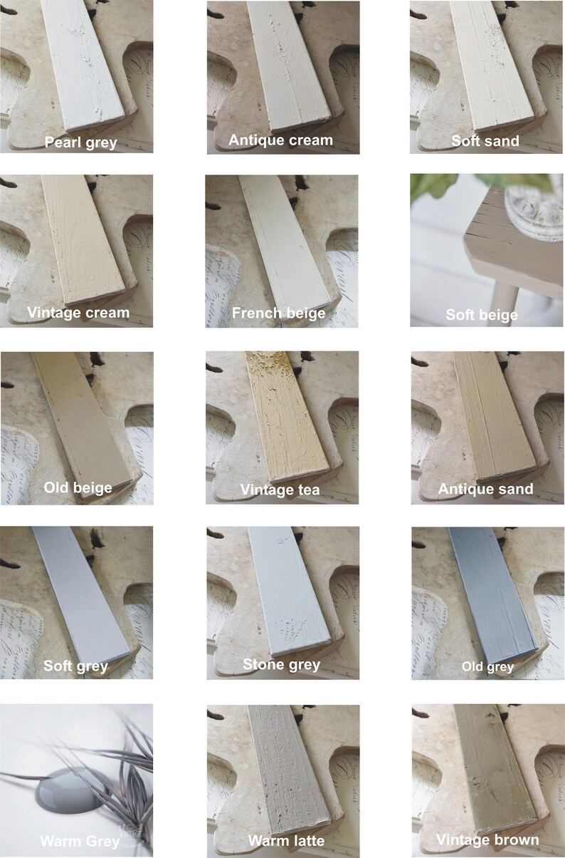 K&ouml;nnte beinhalten: Eine Sammlung von 15 Farbproben auf Holzbrettern. Die Farben reichen von hell bis dunkel und umfassen Graut&ouml;ne, Beige, Creme und Braun. Die Farben sind mit ihren Namen beschriftet, wie z. B. "Perlgrau", "Antikes Creme" und "Weicher Sand".