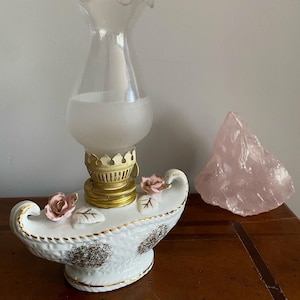 Antique Floral Porcelain & Brass Oil Lamp, Vintage English Lantern, Mid Century Vintage Lighting, Mini Gas Lamp in Porcelain Brass and Glass