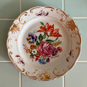 Antique Porcelain Handpainted Wall Plate With 24k Gold Trim, Vintage Handmade Collectible Plate, Porcelain Antique Decor, Floral Design