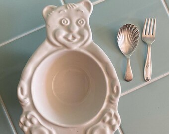 Vintage Baby Feeding Set, Teddy Bear Shaped Ceramic Plate, Silver-Plated Baby Fork & Spoon, Newborn/Baby Shower Gift Set, Christening Gift