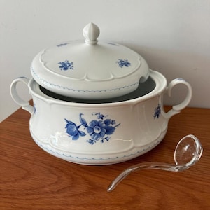 Vintage Blue White Porcelain Pot With Glass Scoop, Antique Porcelain Pot, Bleu Blanc Porcelain Soup Pot With Lid, Retro Cookware, Saucepan