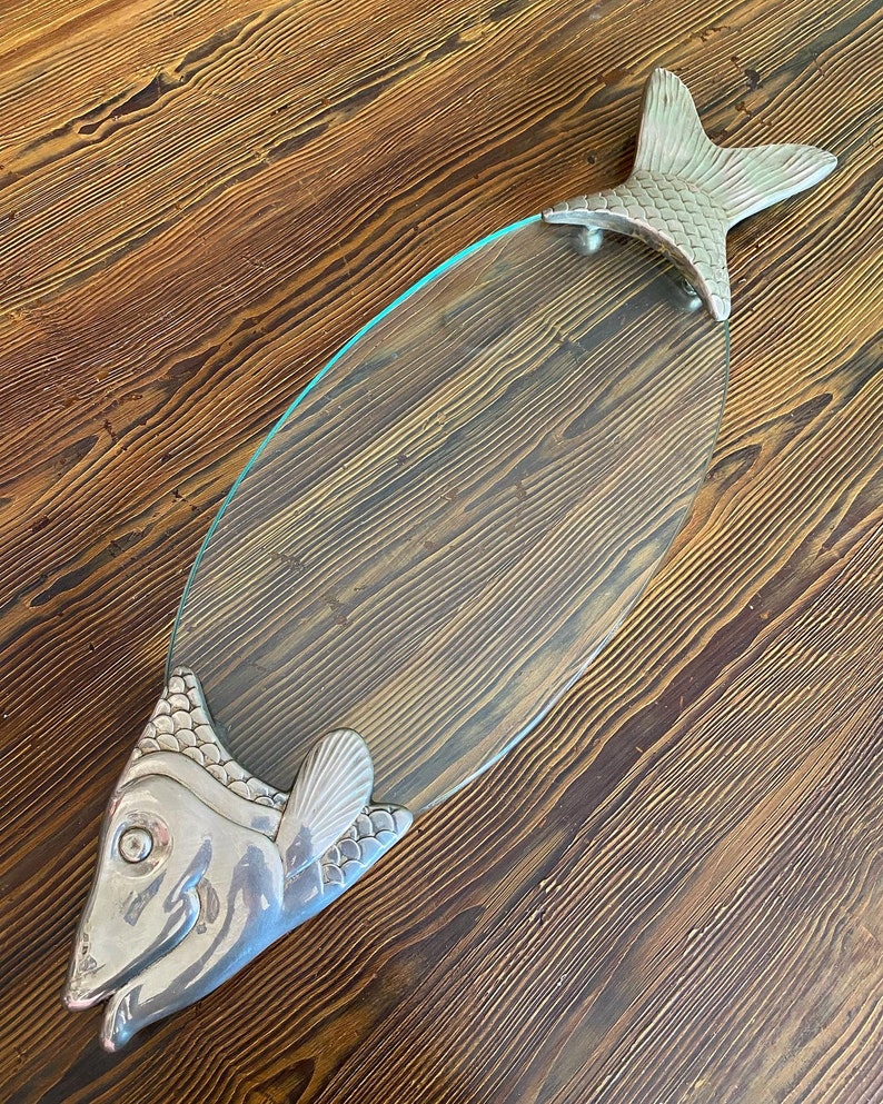 Antique French Silverplated & Glass Fish Serving Tray, Vintage Fish