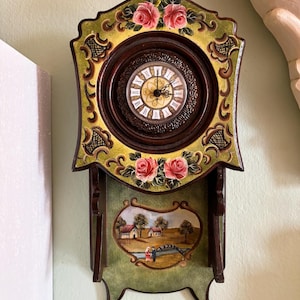 Antique Hand-Painted Wall Clock, Vintage Handmade Retro Wall Watch, Natural Wood Wall Decor, Wooden Clock With Village Depiction, Gift Idea