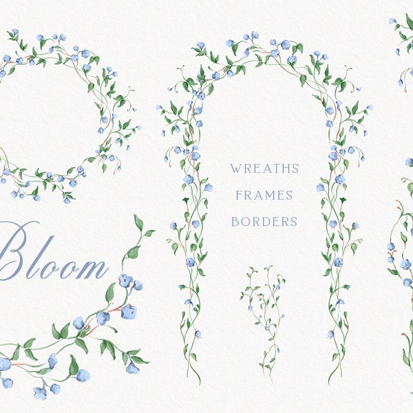 Floral wedding wreath, Arabian frame, Blue Tiny flowers, Elegant floral crest, Instant download