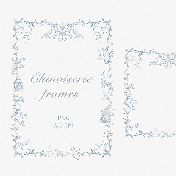 Chinoiserie wedding floral frame, Birds and flowers, Elegant wedding frame, Wedding invitation frame, Fine line design, PNG, AI, Vector art