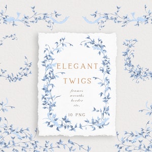 Couronne de fleurs bleues et clipart cadre, mariage beaux-arts dessinés à la main, clipart floral aquarelle, téléchargement immédiat