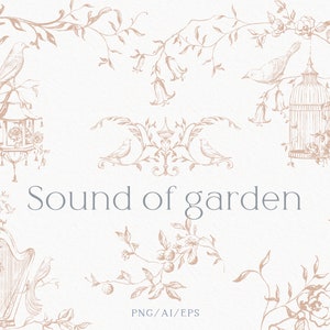 Fine art bruiloft, Birds_flowers_garden, neutrale kleur, bloemenkrans, trouwlijst, png, vector, instant download, handgetekende