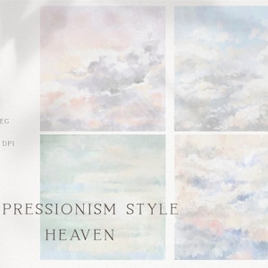 Pinturas digitais do céu, fundo estilo impressionismo, céu desenhado à mão em pastel, textura de clipart de nuvens e céu, download instantâneo