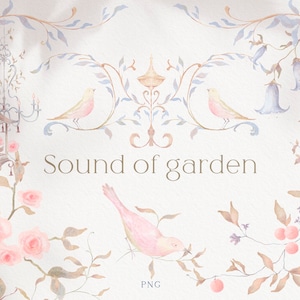 Aquarell Kunst Hochzeit, handgezeichnete Vögel und Blumen, Blumeneinladung Kranz und Rahmen, Garten-Thema, Chinoiserie, PNG, Sofort Download