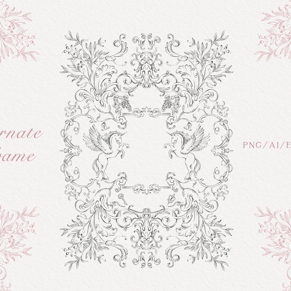 Fine Line Art, verzierten floralen Rahmen Clipart, Vektor-Rahmen, Barock-Stil, Hochzeitseinladung, Pegasus, Einhorn, PNG, EPS_AI, Sofort Download