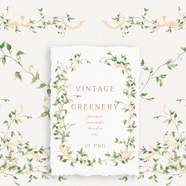 Wedding stationery wreath and frame clipart, Fine art floral wedding, Watercolor greenery, Ornate leaves, Elegant branches, Instant download