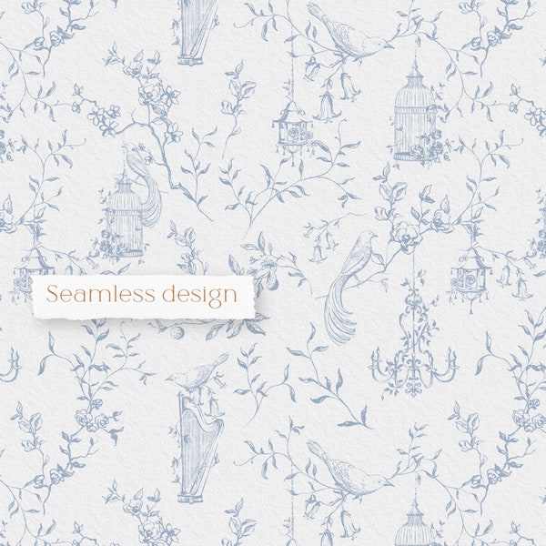 Surface seamless design, Floral garden theme, Elegant art, Birds and flowers, Textile toile pattern, Fabric digital print, Instant download