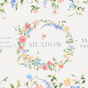 Clipart floral dessiné à la main de prairie, couronne de prairie, cadre floral sauvage, petites fleurs de printemps, fleur de printemps de Pâques, téléchargement immédiat