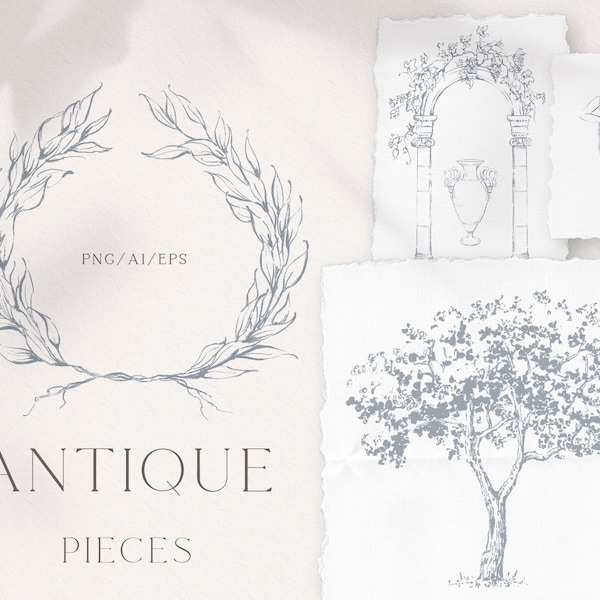 Antique design fine line clipart, Wedding invitation laurel wreath, Olive tree AI EPS vector, Antique arch, Instant download