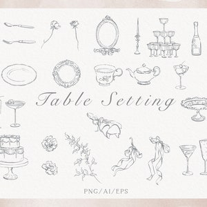 Table setting clipart, Vintage dishes clipart, Table decor, Menu_Cocktail clipart, Café theme, Cake clipart, PNG, Vector, Instant download