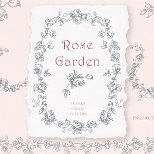 Moldura de linha fina de rosa, Brasão de casamento floral desenhado à mão, Casamento de belas artes, Clipart vetorial EPS, Brasão Flourish, Download instantâneo