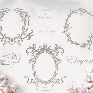 Clipart de crête de mariage dessin au trait, logo de mariage vectoriel, logo baroque, invitation dessinée à la main, art de la papeterie, PNG, EPS, téléchargement immédiat