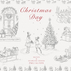 Clipart Noël gris dessinés à la main, nouvel an, Noël pour enfants, arbre du nouvel an, motif toile de Noël, PNG, vecteur EPS, téléchargement immédiat