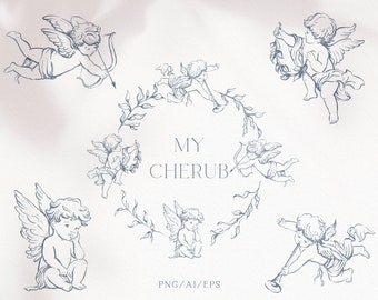 Cherub hand-drawn clipart set, Fine line art angel illustrations, Cherubim crest, Baptism art, Cherubs wedding, EPS vector, Instant download