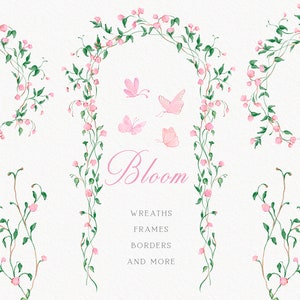 Corona de flores, marco de flores rosas y mariposas, pequeñas flores rosas, día de San Valentín, arte pintado a mano, arco floral, PNG, descarga instantánea