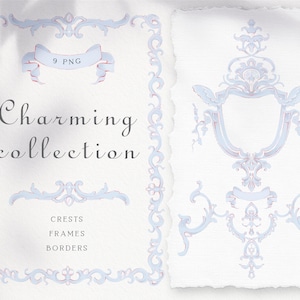 Hand-drawn Blue baroque clipart, Baroque swirls, Wedding invitation, Vintage crest and frame, Instant download