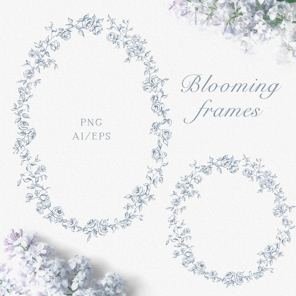 Wedding floral frame, Round blooming frame, Flourish crest, Wedding invitation frame, Fine line design, Roses frame, PNG, AI, Vector flowers