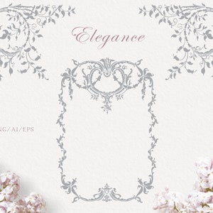 Clipart di cornici decorate per matrimonio in stile lineare, arte vettoriale per matrimonio, invito di matrimonio barocco disegnato a mano, arte di cancelleria, PNG, EPS, download immediato
