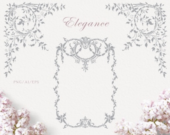 Line art wedding ornate frame clipart, Vector wedding art, Baroque Hand-drawn Wedding Invitation, Stationery art, PNG, EPS, Instant download