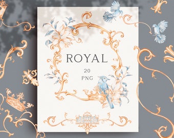 Hand-drawn Baroque Ornate Clipart, Fine art wedding crest, Gold and blue vintage clipart, Instant download